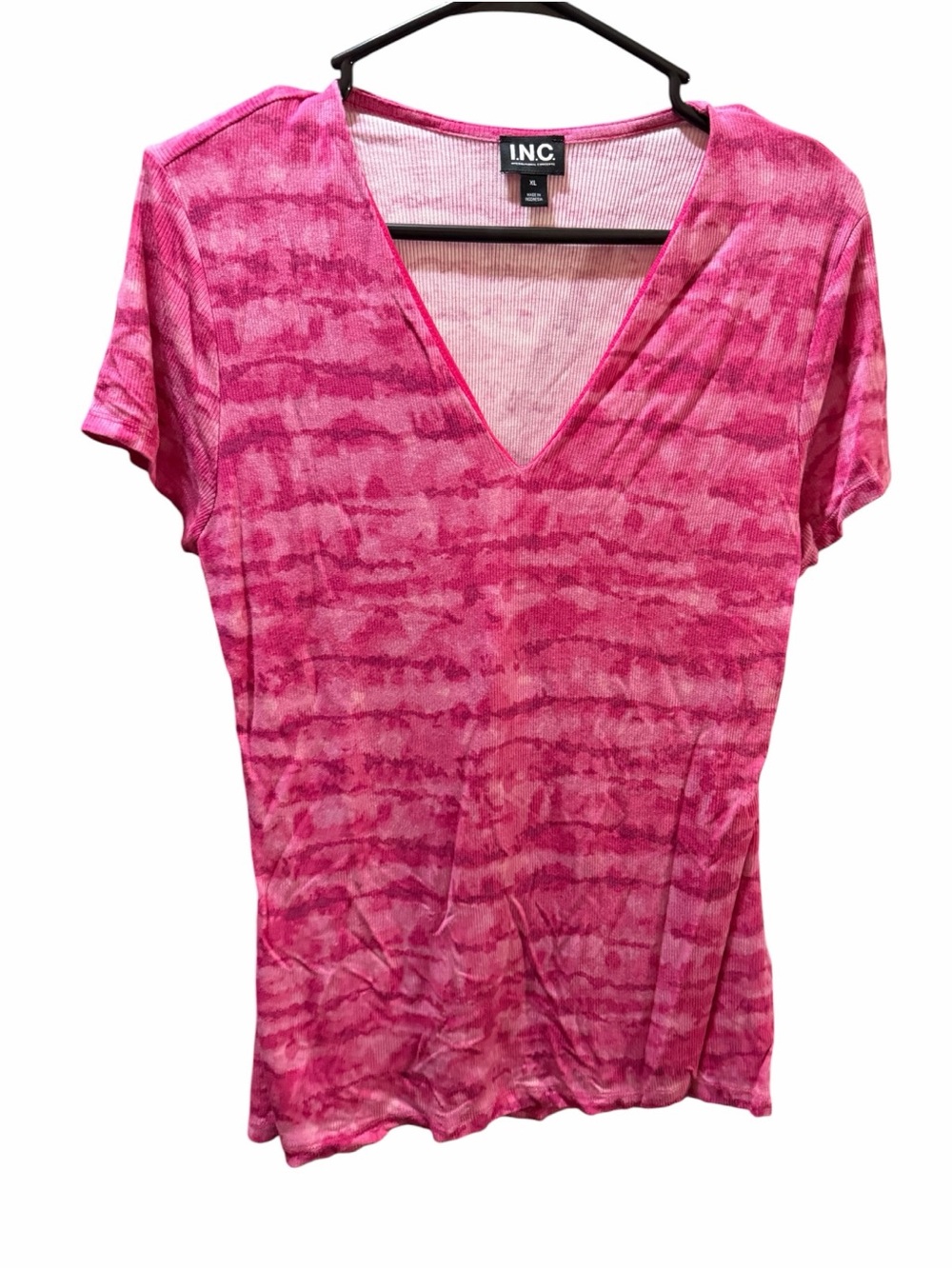 INC International Concepts Pink V-Neck Short Sleeve Tie-Dye Tee - Picture 2 of 6